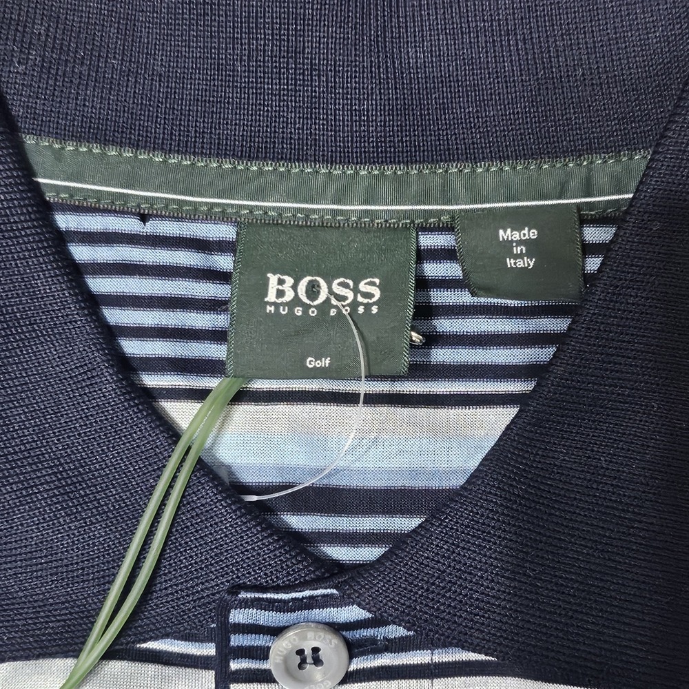 Hugo Boss Golf Men Blue Striped Polo Shirt Ben B 870 Made in Italy NWT Size L - Picture 2 of 8